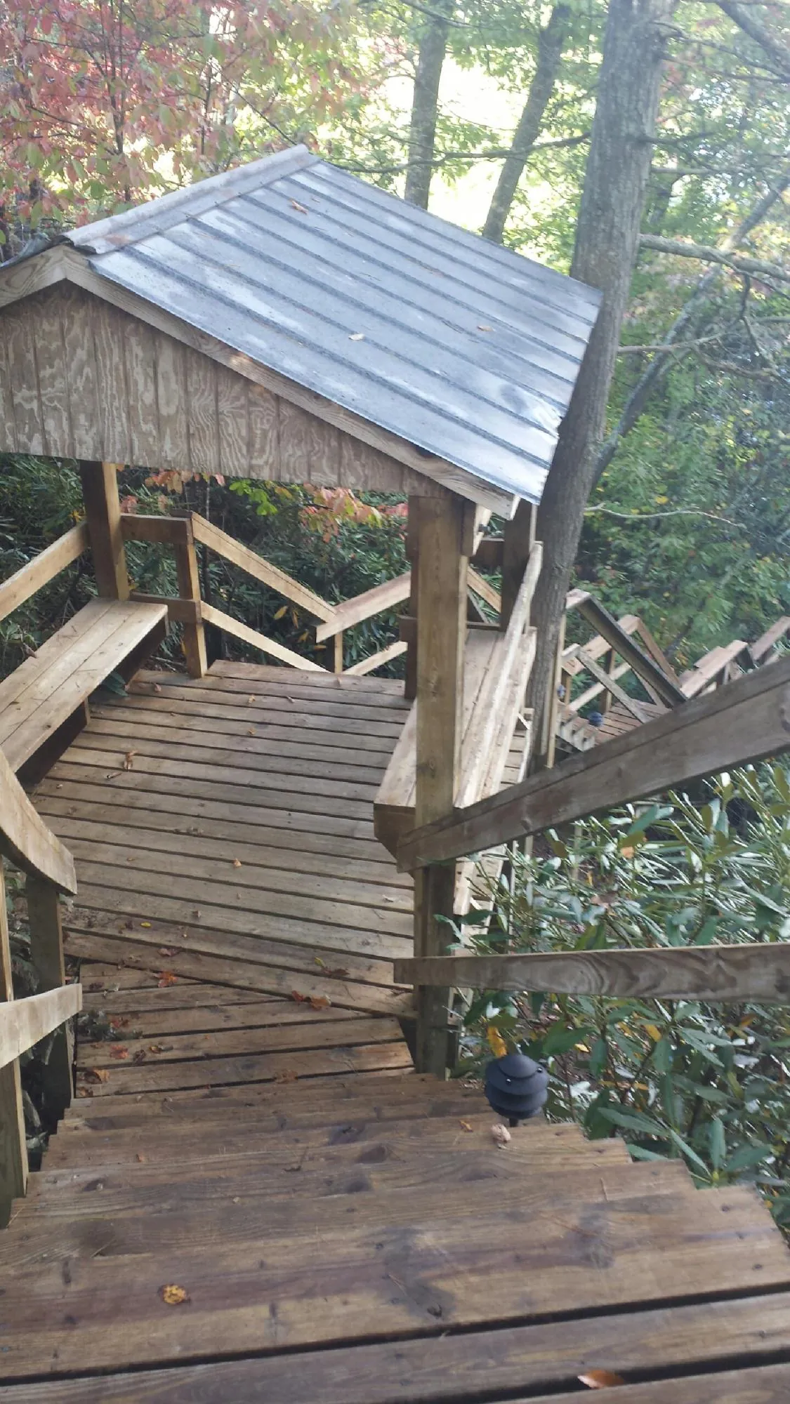 Metal roofed shelter over wooden steps on a wooded walkway — Skylight Repair & Installation work by our crew in Foley